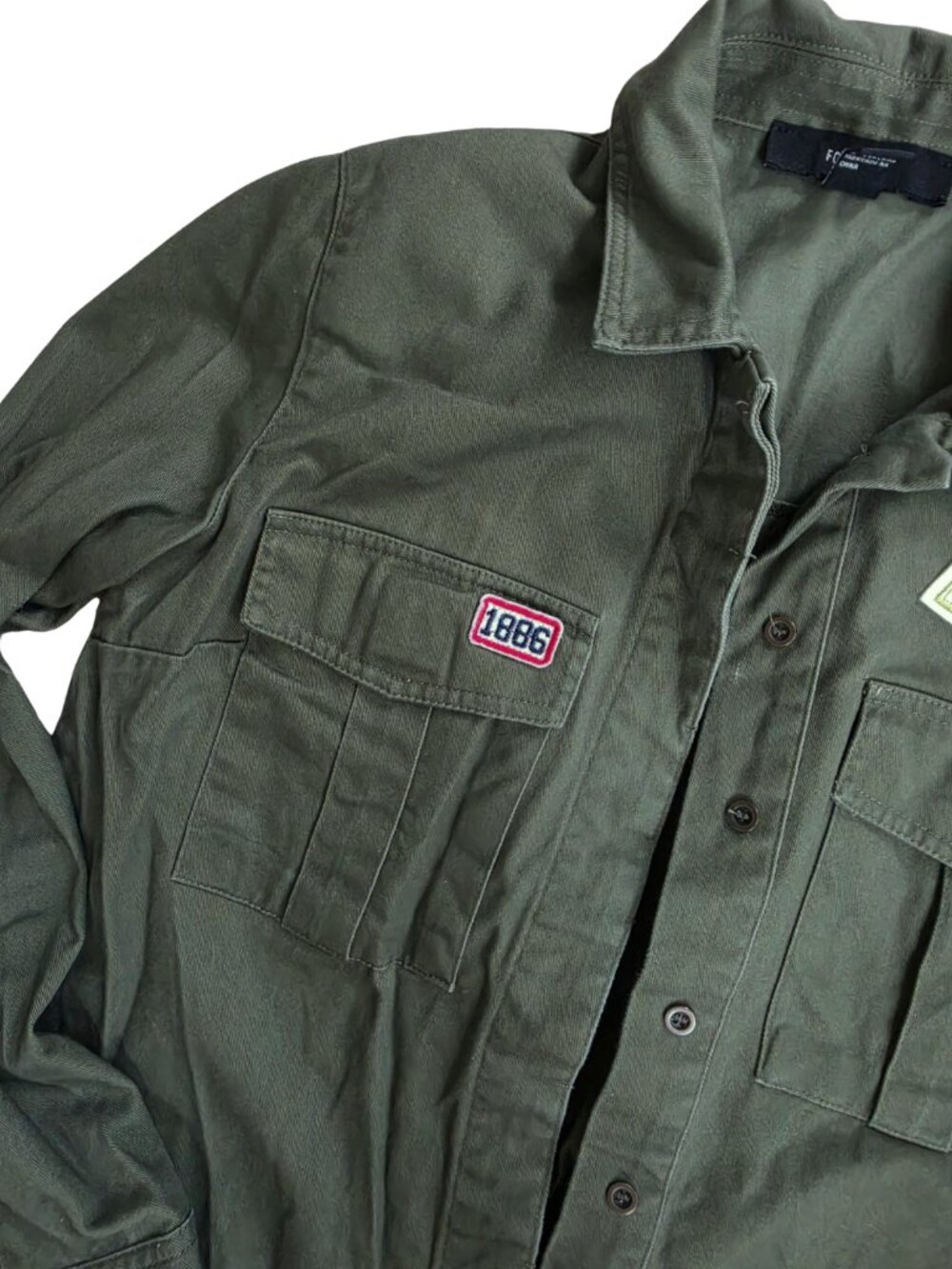 Forever 21 Olive Green Utility Field Short Jacket Embroidered Patches Army Small - Picture 4 of 7